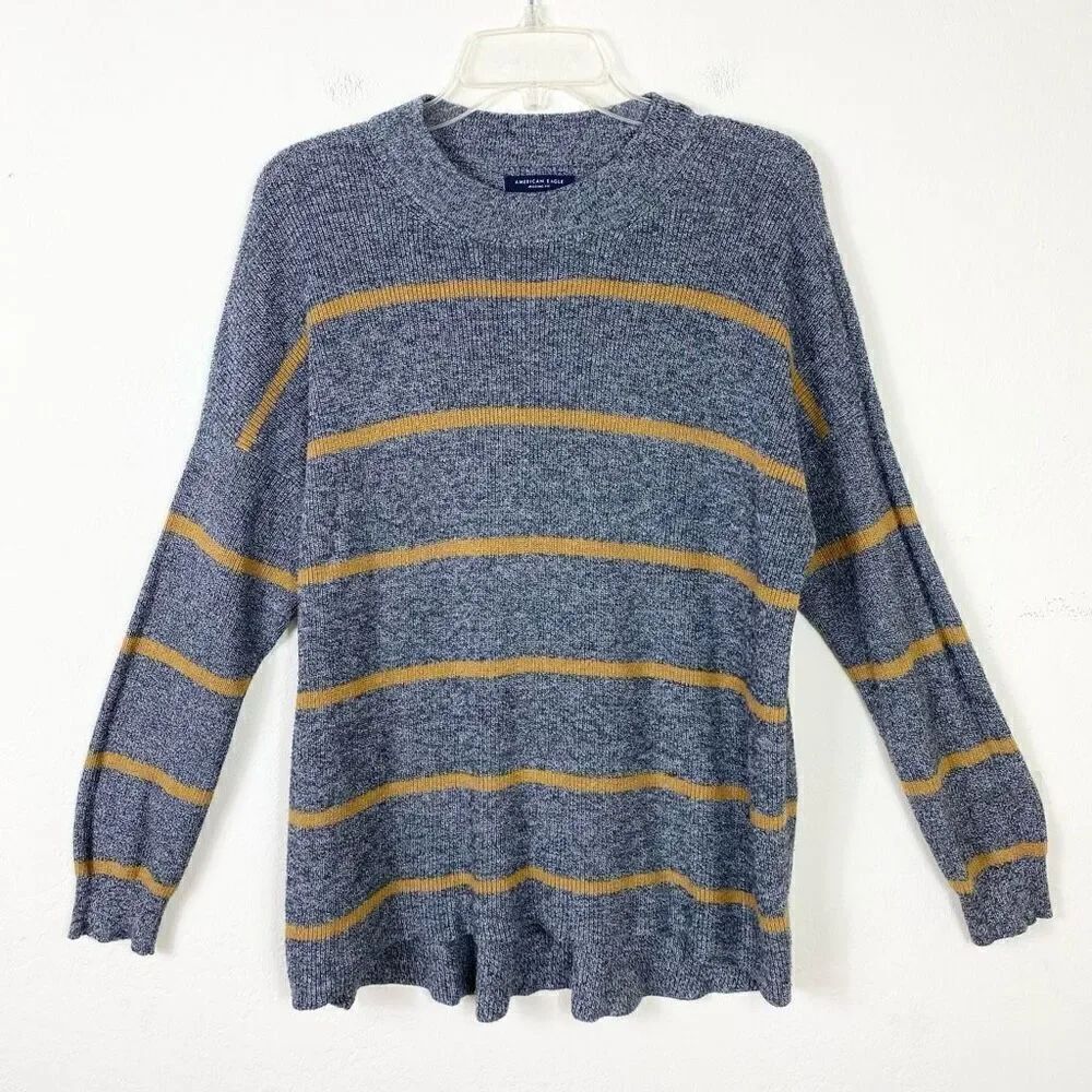 American Eagle Grey & Tan Striped Knit Crewneck Jegging Fit Sweater Size M